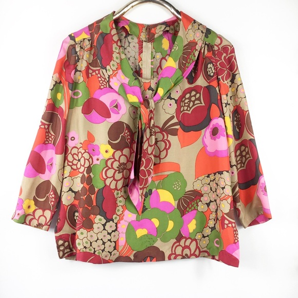 Vintage Tops - Vintage Retro 70s Bright Floral Sailor Blouse